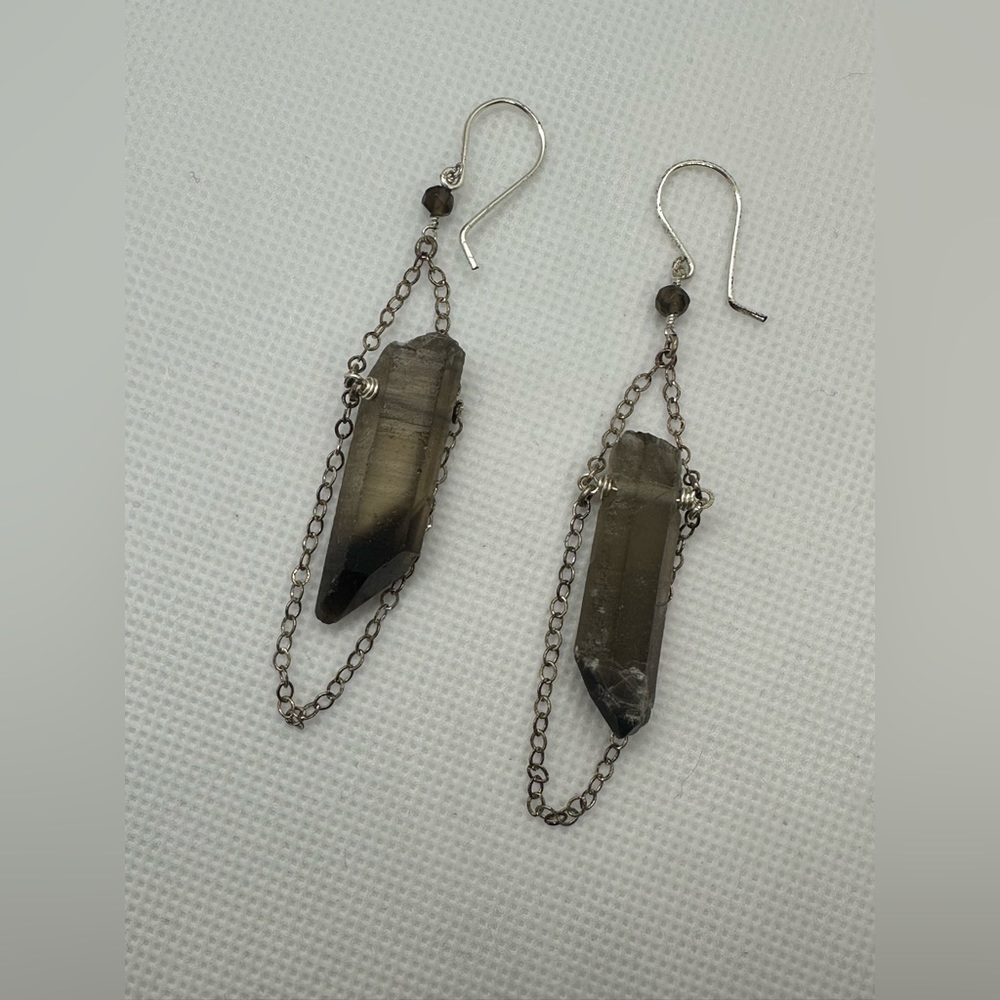 Raw Smoky Quartz Dark Crystal Healing Stone Dangle Chain Delicate Drop Earrings - Picture 5 of 6
